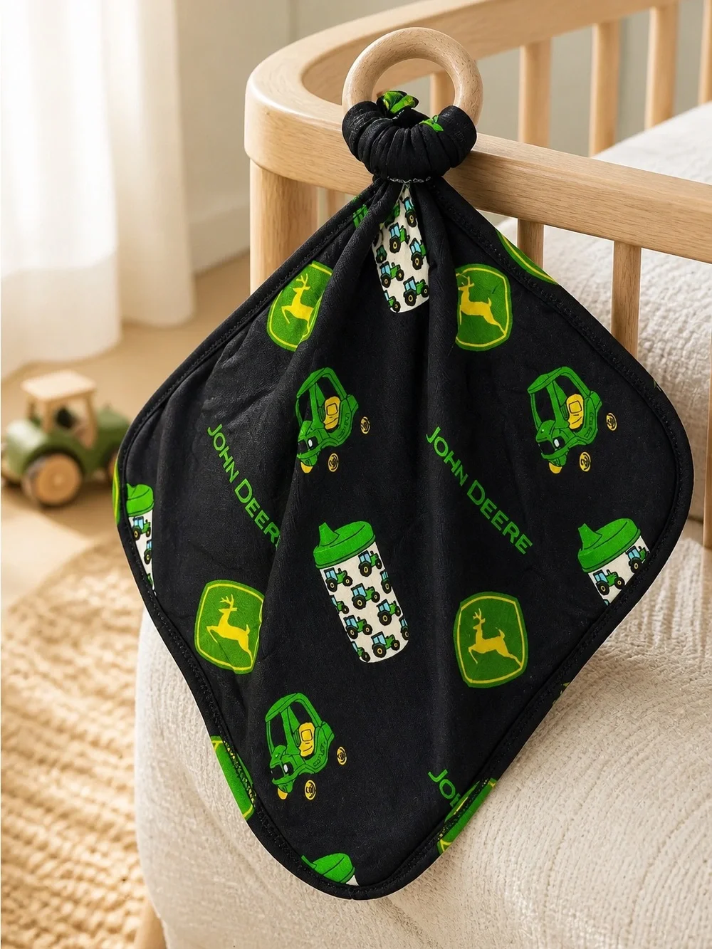 NWT BAMBOO Baby Lovie With Wood Teething Ring John Deer Design